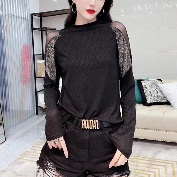 Stitching Long-sleeved Bottoming Shirt Women Half High Neck T-shirt Top Casual Fashion Coat