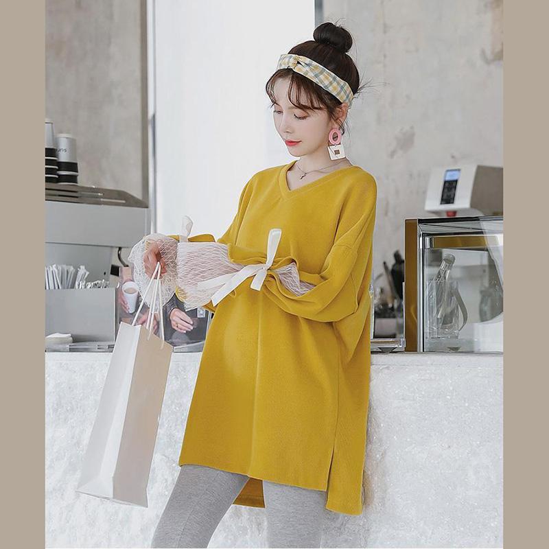 Maternity Clothes Long Sleeve Dress Mid-length Sexy Lace Yarn Bow Strapped Loose Plus Size V-Neck Long Skirt