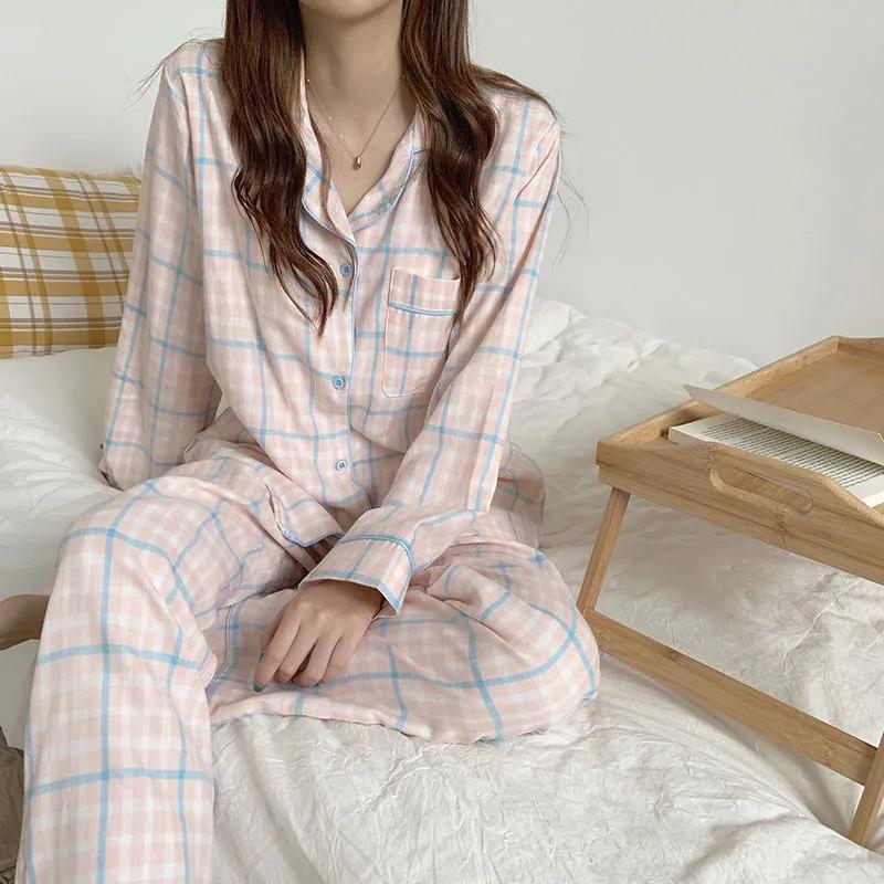 Women Plaid Pajamas Cartoon Cute Pyjamas Set Turn-down Collar Sleepwear Suit Casual Loose Home Wear V Neck Girls Long Sleeve Autumn Winter Nightwear