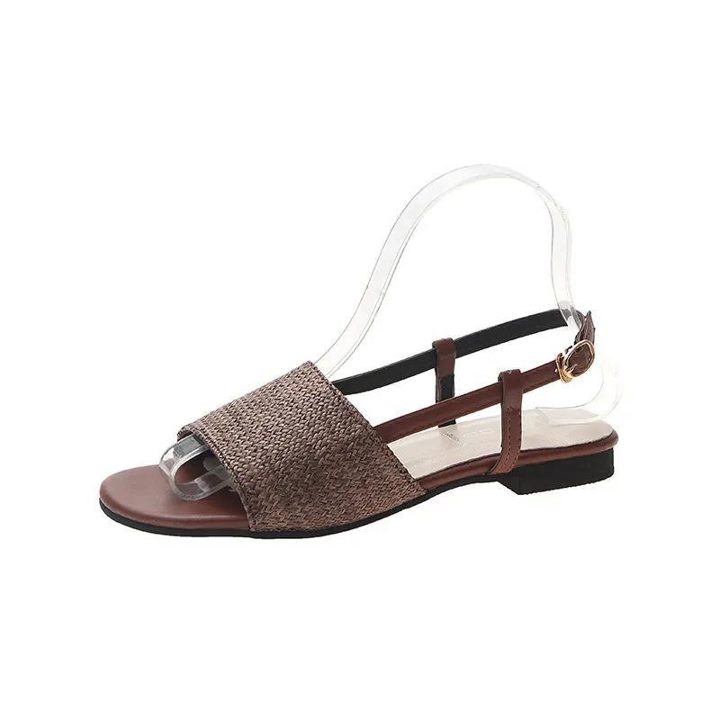 Flat Sandals Women's Summer Korean Fashion Straw Braided Buckle Open Toe Sandals All-match Student Sandals