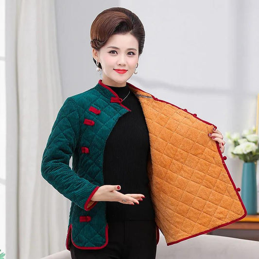 Autumn and Winter Cotton Coat Ethnic Style Cotton Coat Cheongsam Plus Velvet Small Padded Jacket Women Middle-aged and Elderly Loose Wear