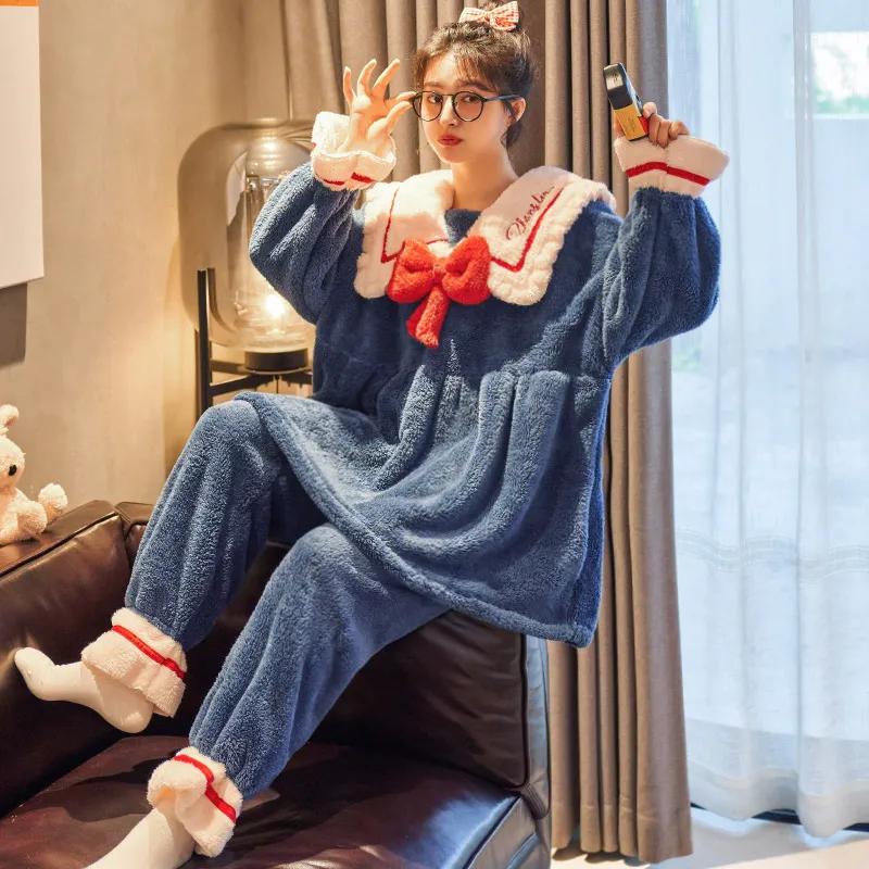 Women's Winter Pajamas Set Cute Bow Large Neckline Thickened Coral Plus Velvet Suit Plush Home Wear Flannel Suit Lovely Cartoon Set