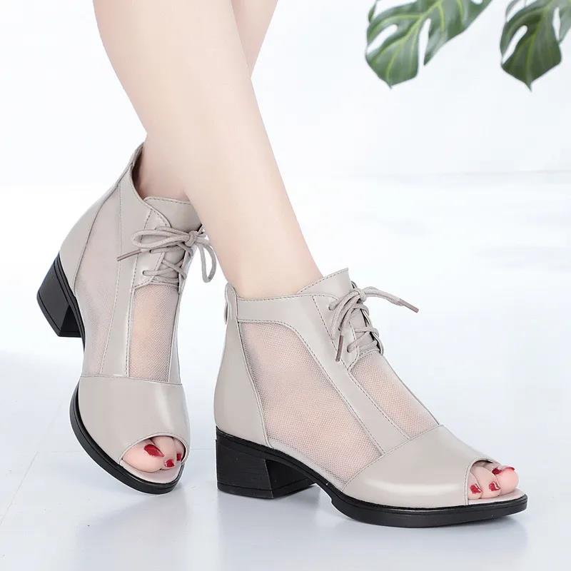Sandals Women's Mid-heel Mesh Thick-heeled High-heeled Shoes Women's Fish Mouth Black Low-heeled Sandals