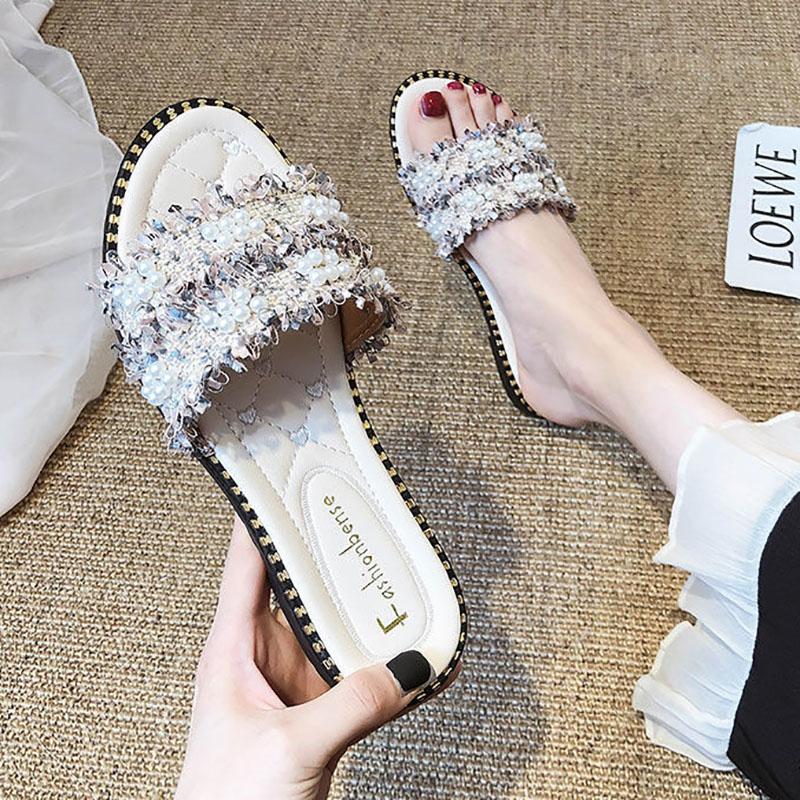Slippers Women Wear Pearl Flat-bottom Beach Sandals and Slippers In Summer