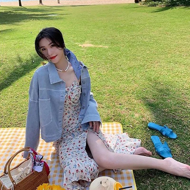 Floral Pearl Sling Dress Summer Mid-length Split Sweet First Love Dress