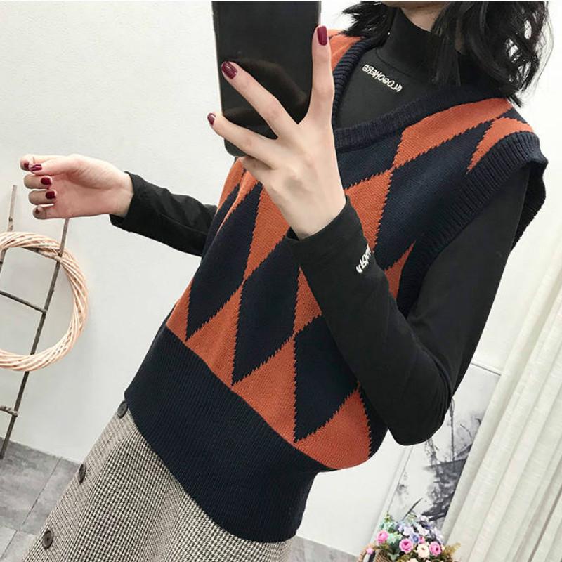 Diamond Check V-Neck Knitted Vest Women's Sweater Autumn and Winter Korean Loose Wild Sweater Vest Sleeveless Sweater