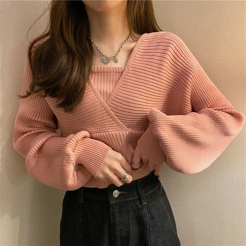 Sweater Women's Puff Sleeve Knitwear Fake Two Piece Square Neck Pullover Top Korean Loose Jumper Trendy Sweater Sexy
