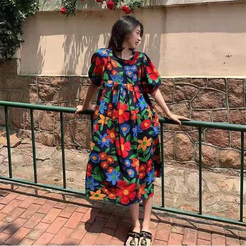 Cute Girl Puff Sleeve Dress Retro Print Long Loose Mid-length Skirt
