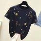 Cartoon Star Planet embroidery T-Shirt Solid Cotton Tee Female Casual Short Sleeves Tops