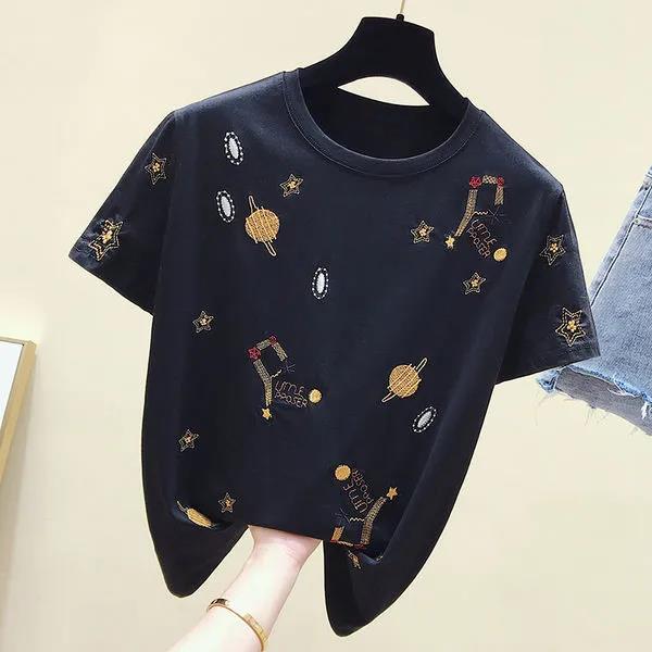 Cartoon Star Planet embroidery T-Shirt Solid Cotton Tee Female Casual Short Sleeves Tops