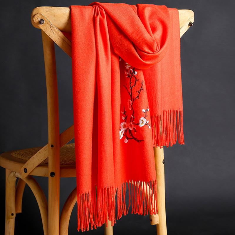 Pure Color Imitation Cashmere Embroidered Scarf Mid-length Ladies Ethnic Style Tassel Shawl Warm Scarf Soft Fabric Women's Shawl