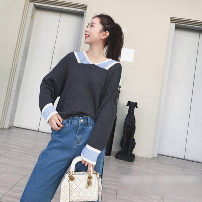Women's Warm Sweaters V-neck Sweater Female Students Loose Wild Contrast Sweater Coat Women