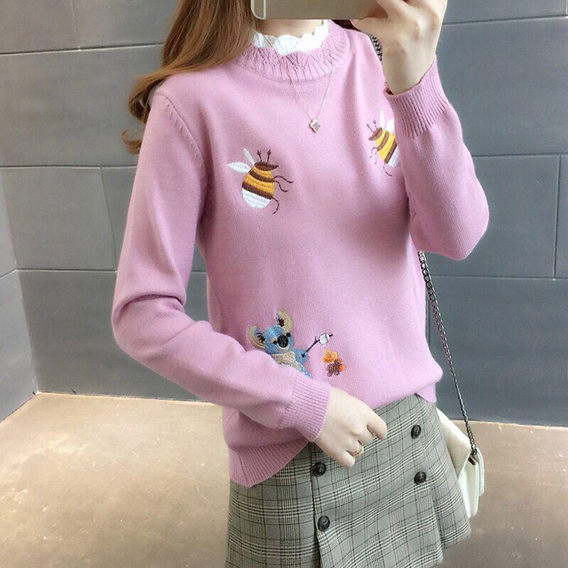 Pofulove Autumn and Winter Loose Short Paragraph Pullover Sweater Trend Embroidered Base Sweater