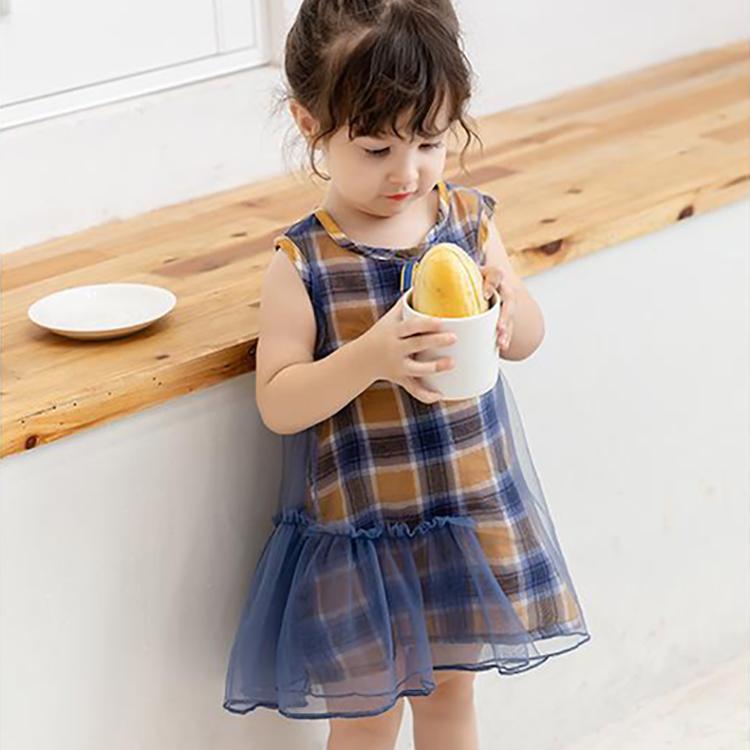 Children Dress Girls Summer Thin Dresses Plaid Sleeveless Bowknot Princess Dress Irregular Mesh Dress Vest Dress