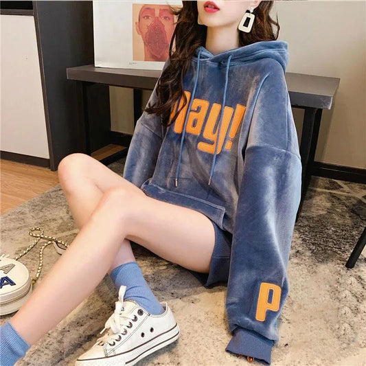 Women's Double-sided Fleece Sweater Winter Fleece Thickened Korean Version Loose Hooded Velvet Top Lazy Wind Warm Casual Jacket Pullover Sweatshirt