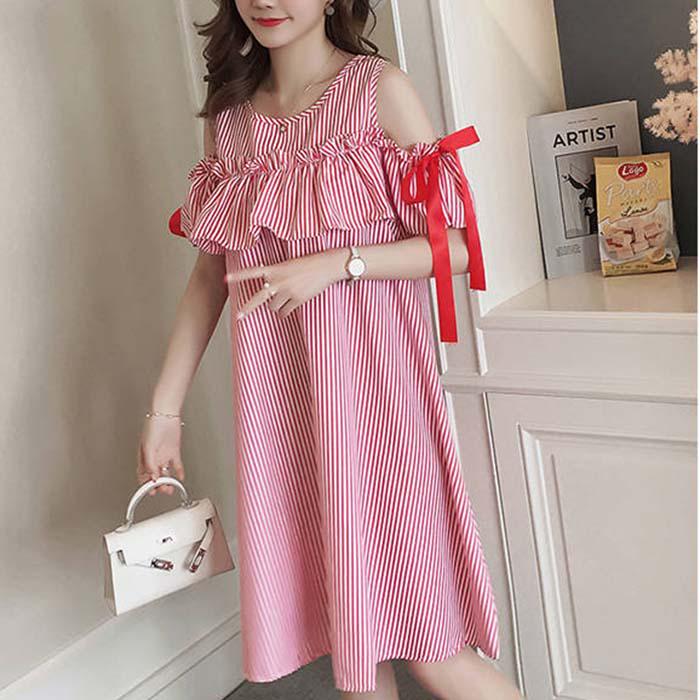 Pofulove Women Off Shoulder Striped Shirt Dress Office Lady Loose Thin Mid-length A-line Beach Skirt