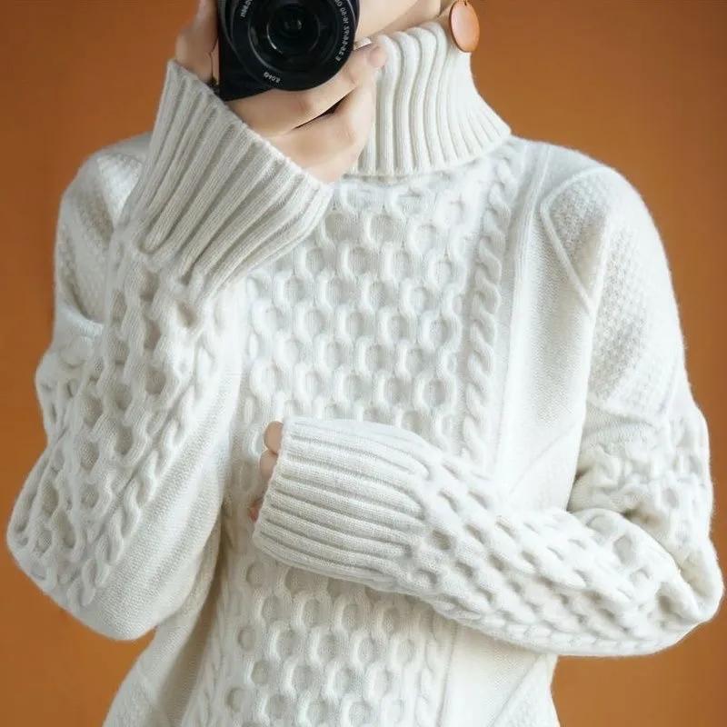 Autumn Winter Sweater Thick Turtleneck Solid Blouse Knitted Bottoming Shirt Women's Loose Tops Pullover