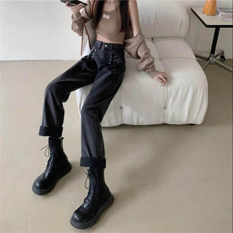 Designful Retro Tie Jeans Female Autumn Korean Version of The High Waist Slim Vertical Straight Widespipe