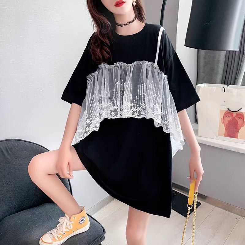 Lace Veil Women Dress Girl Loose O-Neck Loose Short Sleeve Casual Long T-shirt Dress