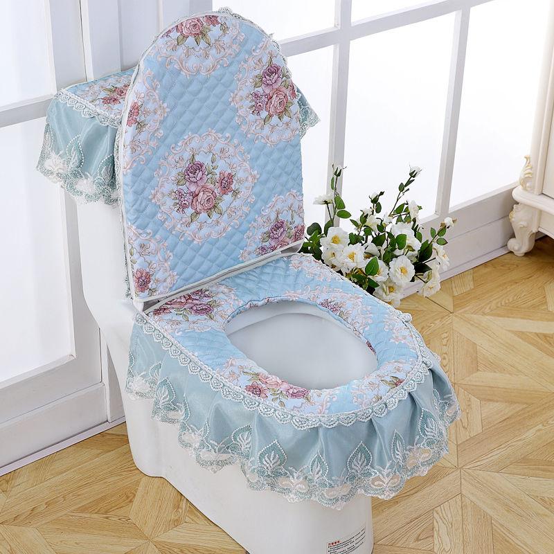Chenille Toilet Three-piece Set Garden Lace Fabric Zipper Toilet Seat Cushion Toilet Seat Cover Ring Cover