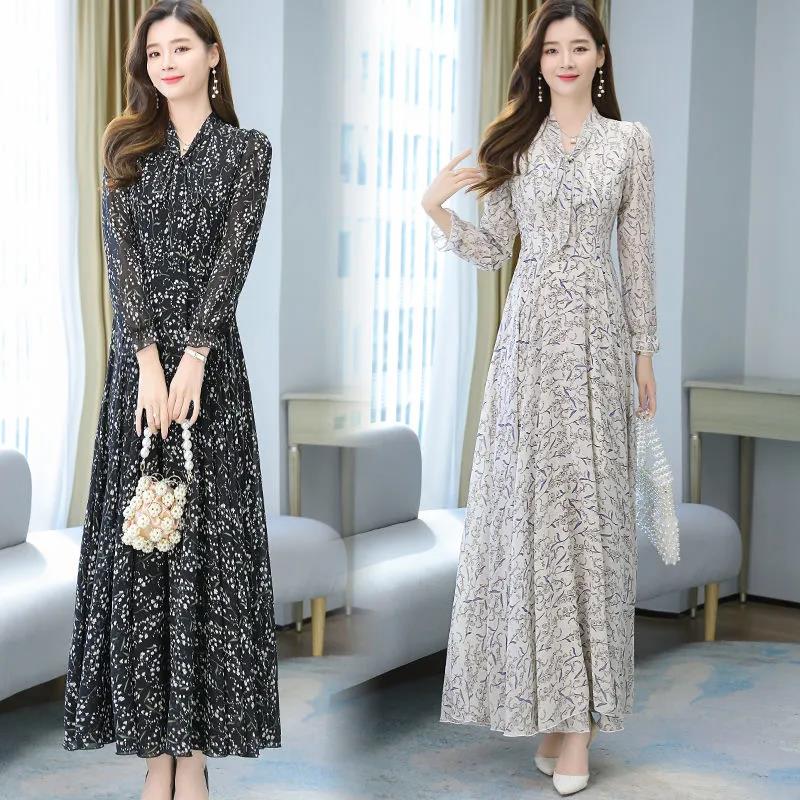 Chiffon Long Sleeve Dress Spring and Autumn Floral Chiffon Super Fairy Waist Beach Dress Long Skirt Fabric Lightweight Breathable
