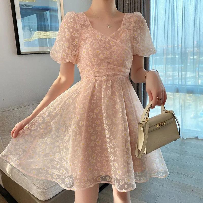 Summer Temperament Bow-knot Big Skirt Short Dress with Daisy Flowers