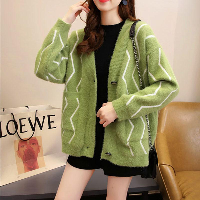 Autumn and Winter Mohair Cardigan Jacket Wild Loose Casual Sweater V-neck Knitted Female Top