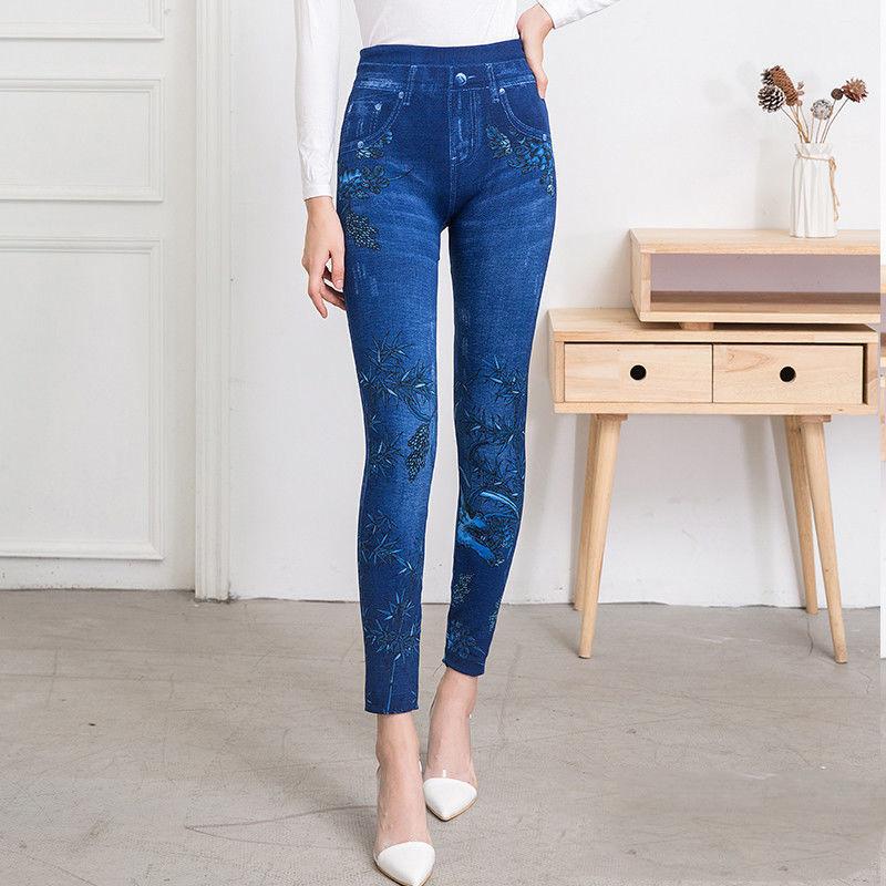 Colorful Floral Sexy Womens Skinny Blue Jean Denim Leggings Stretchy Jeggings Pants