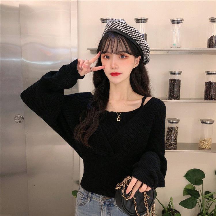 Design Sense French Niche Waist Sleeves Are Thin, Fake Two-piece Clavicle Strapless Large Size Long-sleeved Sweater Women's Blouse