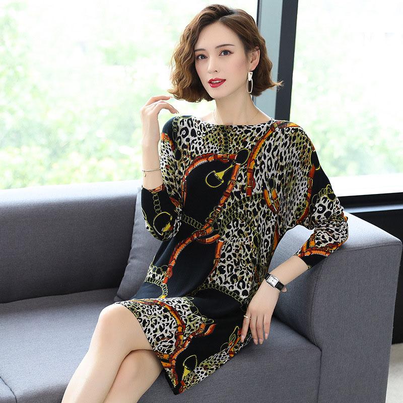 Leopard Knitted Dress Women Autumn Winter Boat Neck Long Sleeve Sweater Dress Slim Pullover Dress