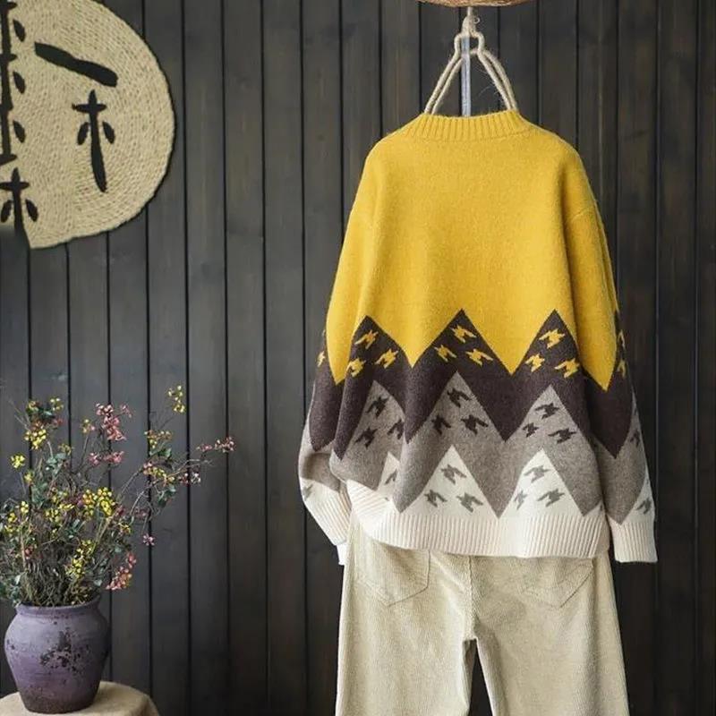 Color Matching Jacquard Knitted Sweater Cardigan Casual Versatile Knitted Sweater Jacket V-neck Long-sleeved Warm Retro Style