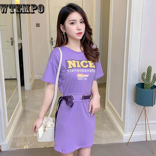 Casual Loose Short Sleeve Printed Bouquet Belt T-Shirt Dress Summer