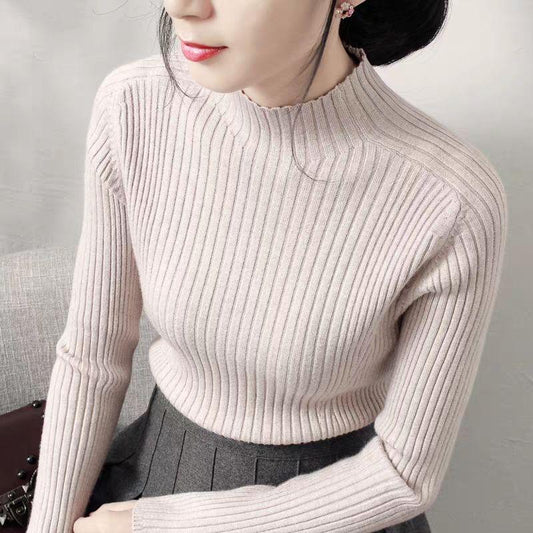 Half-high Neck Pullover Sweater for Women In Autumn and Winter Korean Slim-fit Knit Sweater with Long Sleeves Solid Color Pullover
