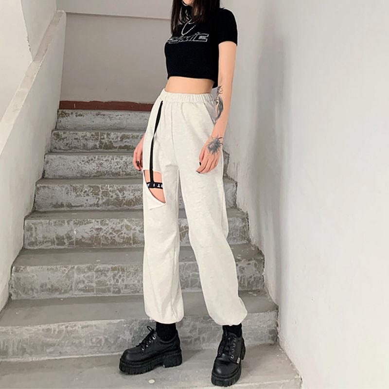Grey Fried Street Sweatpants Women Loose Leggings Pants Tide Design Sense of Holes High Waist Slimming Harlan Guard Pants Summer