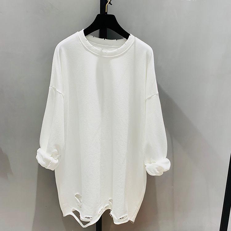 Women's Hem Hole Solid Color Bottoming Shirt Large Size Cotton Autumn Korean Version Loose Long-sleeved T-shirt