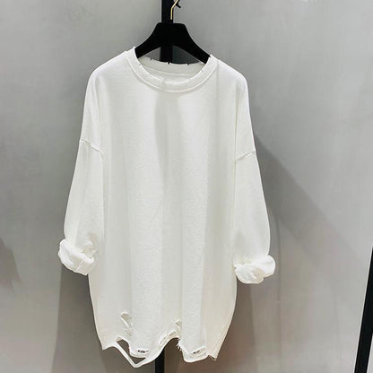 Women's Hem Hole Solid Color Bottoming Shirt Large Size Cotton Autumn Korean Version Loose Long-sleeved T-shirt