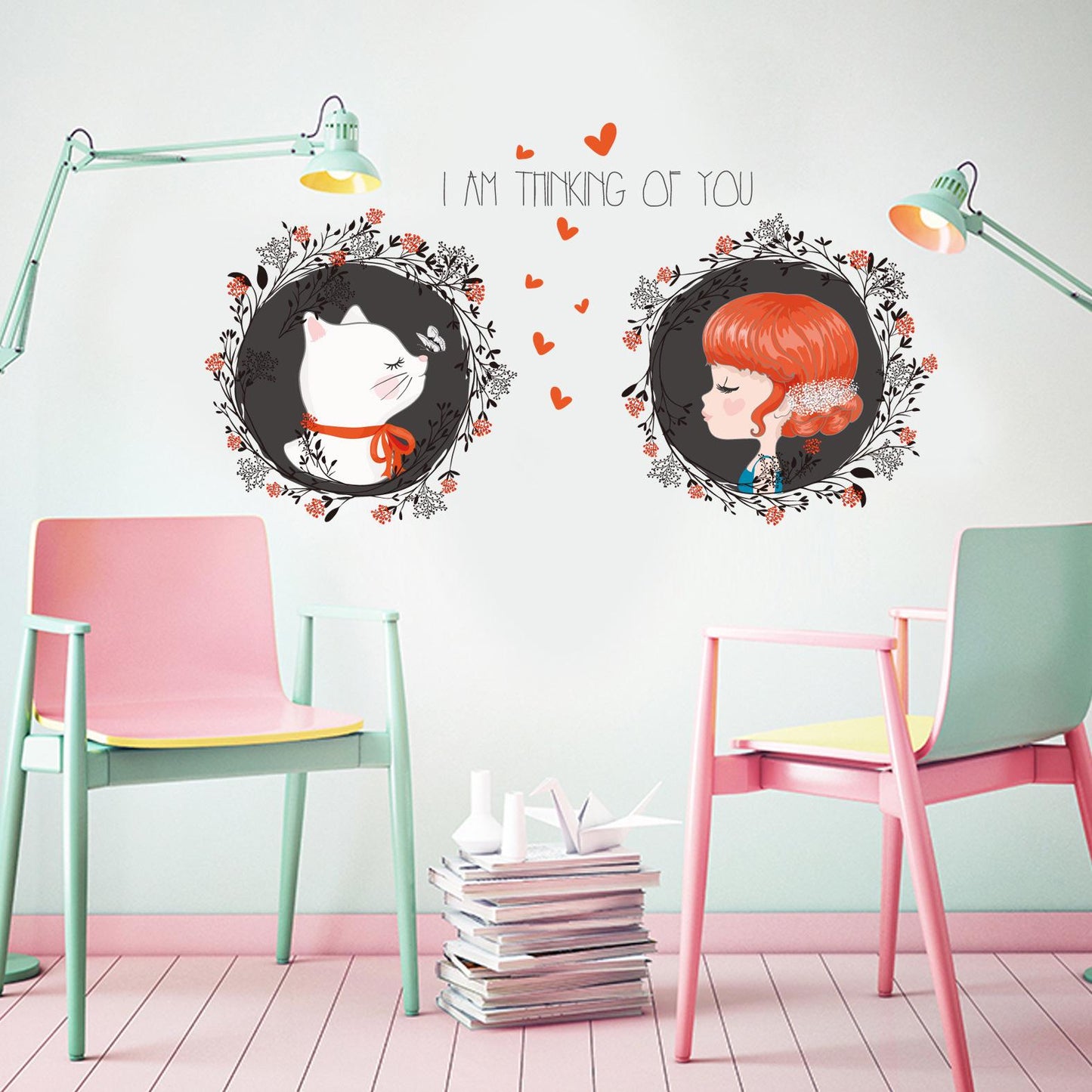 Romantic style warm love girl and cat couple room decoration wall sticker girls wallpaper
