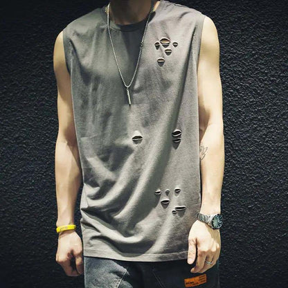 Summer Thin Rotten Hole Sleeveless T-shirt Loose Waistcoat Outer Wear Solid Color Trendy Vest
