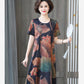Large Short-sleeved Dress Middle-aged and Elderly Mothers Summer Mid-length Round Neck Print Loose Belly Cover