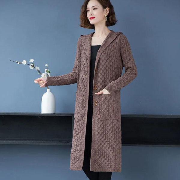 Women's Long Casual Knitted Cardigan Coats Spring and Autumn Large Size Solid Color Loose Hooded Knitted Coats