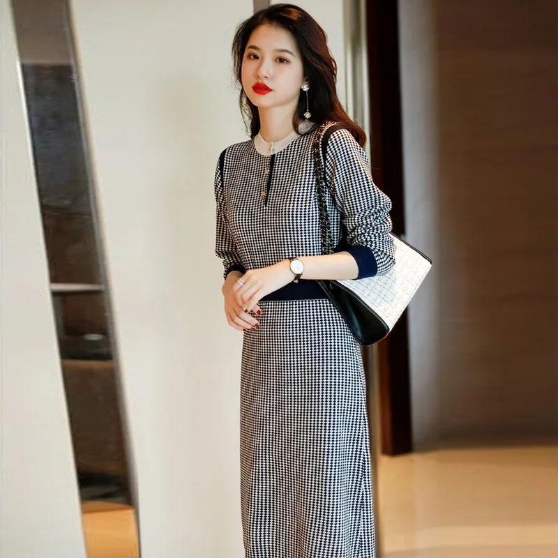 Sweater Dress Women's Plaid Pullover Knit Dress Korean Waist Trending Sweater Dress Autumn and Winter Lady Style Fashion