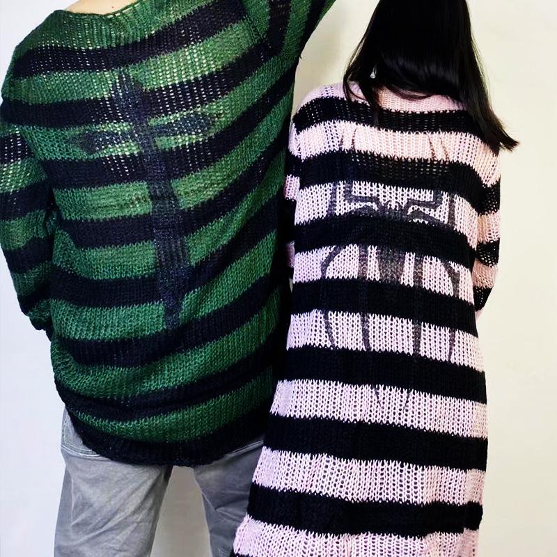 Punk Gothic Long Sweater Dress Plus Size Hollow Out Hole Destroy Pullover Jumper New Oversized Hip Hop Harajuku Striped Sweaters Hip Hop Streetwear