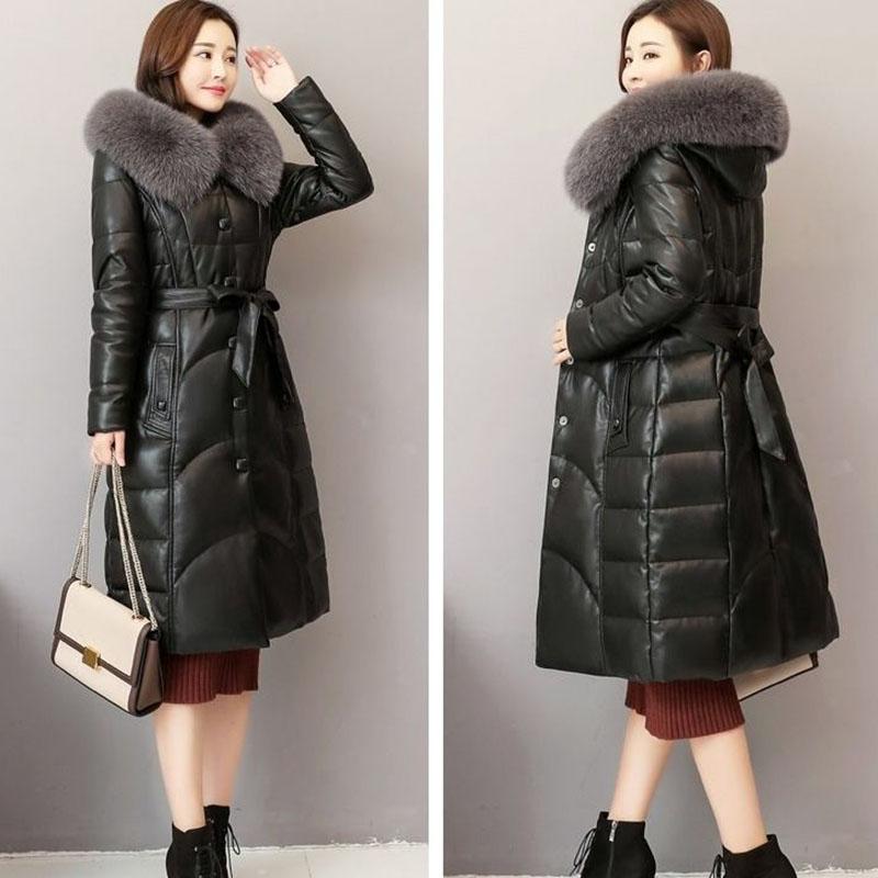 Leather Coat and Fur Imitation Fox Fur Collar Women's Jacket Mid-length Hooded Plus Cotton Thick PU Slim Fit