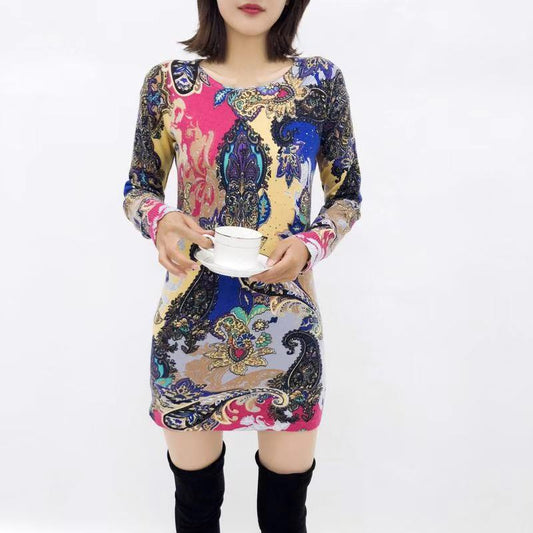 Women's Cashmere Sweater Printing Mid-length Wool Sweater  Large Size Knit Sweater Dress Women's Bottoming Dress Fall Winter