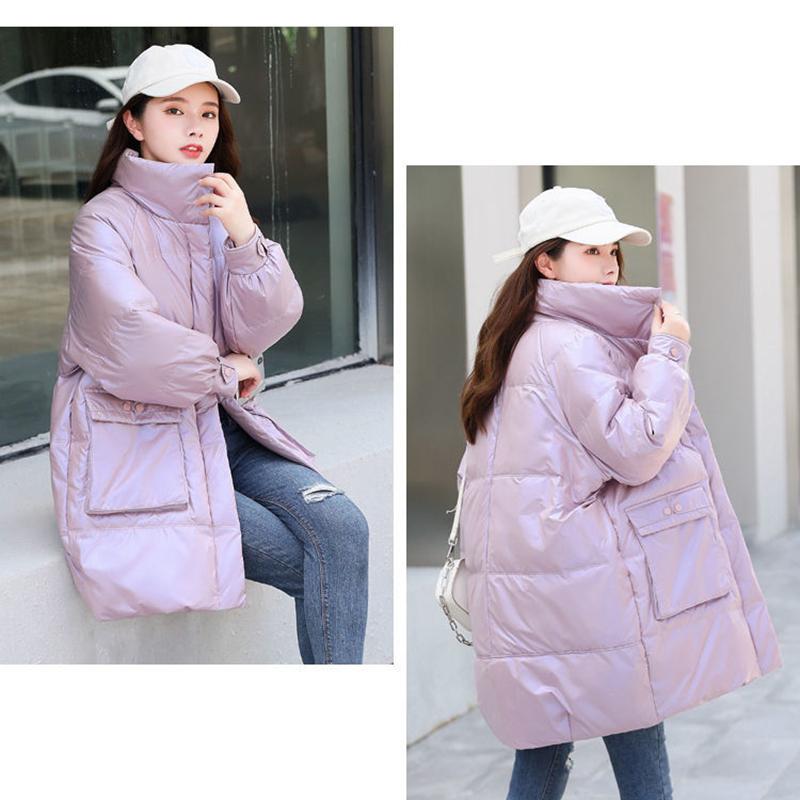 Women's Winter Korean Loose Quilted Coat Warm Stand-collar Down Jacket Women's Glossy Mid-length Down Jacket