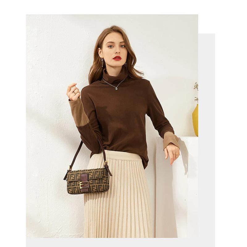 Women's High Neck Knitted Shirt Skin-friendly Breathable Stitching Color Bottoming Shirt Pull Over High Collar Loose Fit Long Sleeves T-shirt Basic