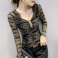 Sexy Mesh Bottoming Shirt Drill Design Sense Long Sleeve Women's Top V-Neck Slim Fit Plus Size Women's Clothing