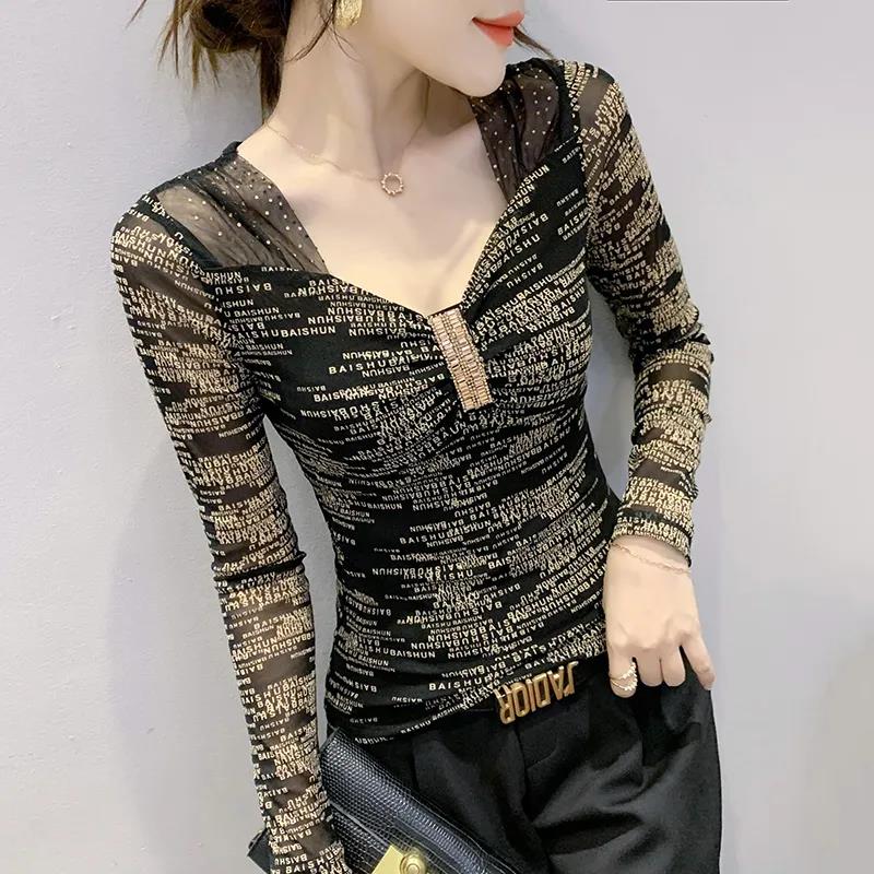 Sexy Mesh Bottoming Shirt Drill Design Sense Long Sleeve Women's Top V-Neck Slim Fit Plus Size Women's Clothing
