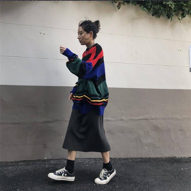 Pofulove Striped Sweater Loose Autumn Winter Korean Lazy Wild Round Neck Pullover Coat Schoolgirl