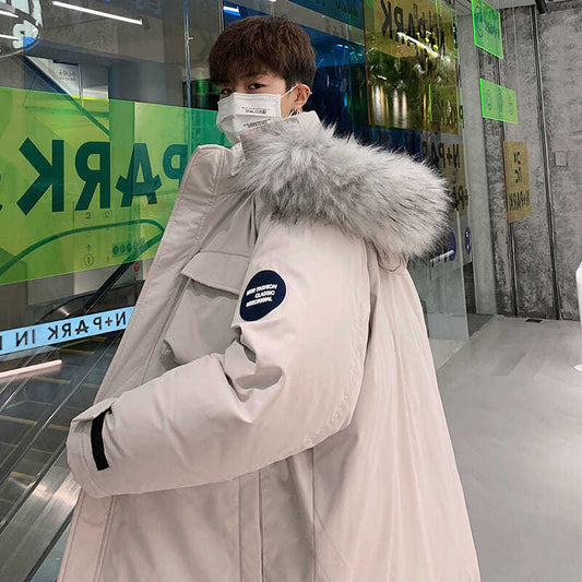 Winter Hong Kong Style Mid-length White Duck Down Jacket Men's Korean Version of The Trend Loose Casual Hooded Fur Collar Ins Jacket